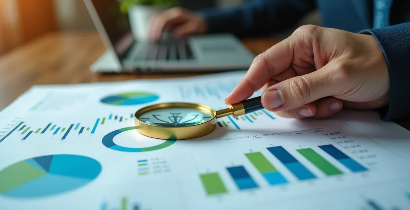 Main tenant une loupe examinant des graphiques de marché immobilier