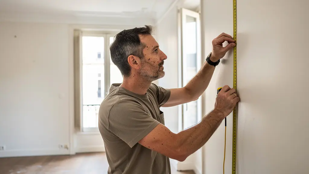 Professionnel mesurant un mur lors d'une expertise immobilière à Paris