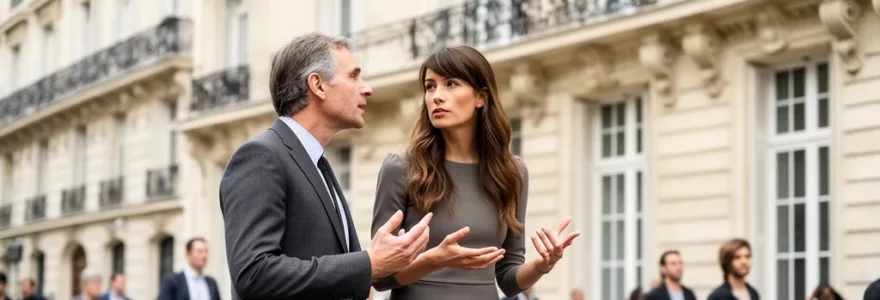 Expert immobilier et client discutant devant immeuble haussmannien Paris