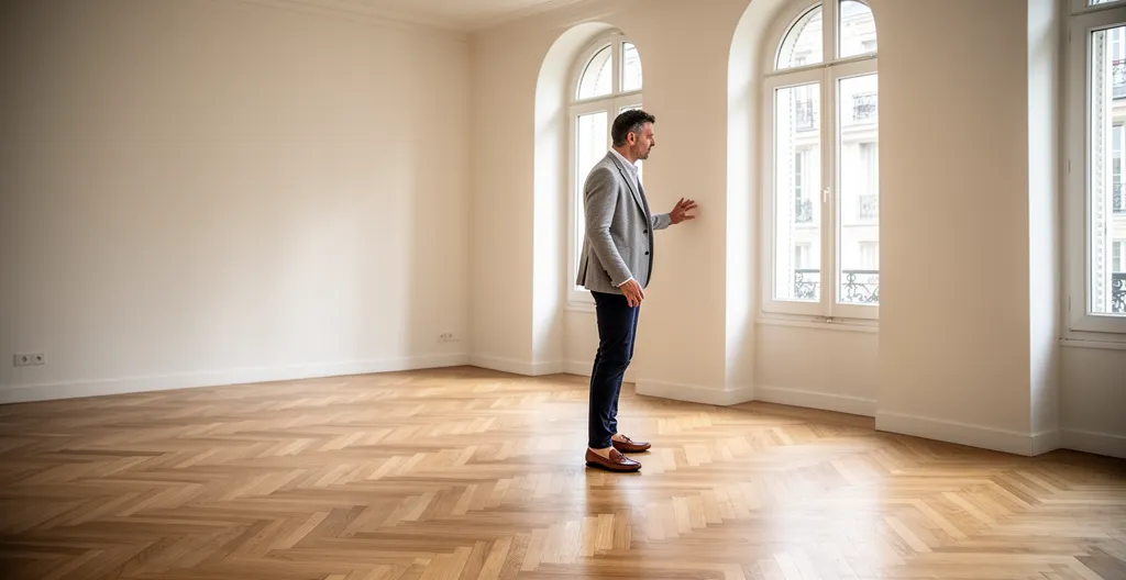 Expert immobilier inspectant appartement vide Paris fenêtres haussmanniennes
