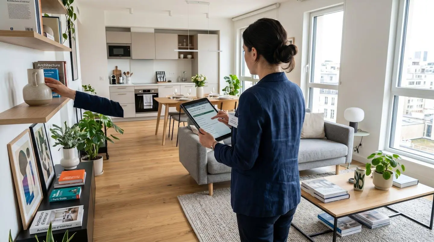 Vue de profil d'un gestionnaire immobilier inspectant l'intérieur d'un appartement meublé, tablette à la main, lumière naturelle par la fenêtre, décoration moderne et épurée