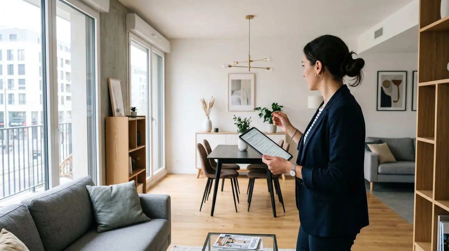 Vue de profil d'un gestionnaire immobilier inspectant l'intérieur d'un appartement meublé, tablette à la main, lumière naturelle par la fenêtre, décoration moderne et épurée