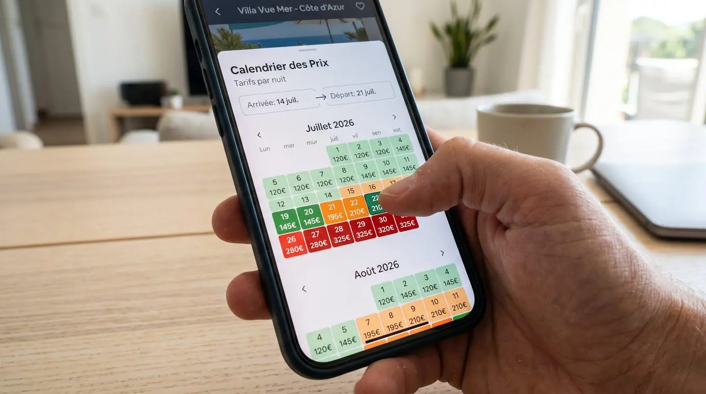 Gros plan sur un écran de smartphone affichant un calendrier de tarification avec variations de prix colorées, main visible ajustant les dates, interface d'application moderne