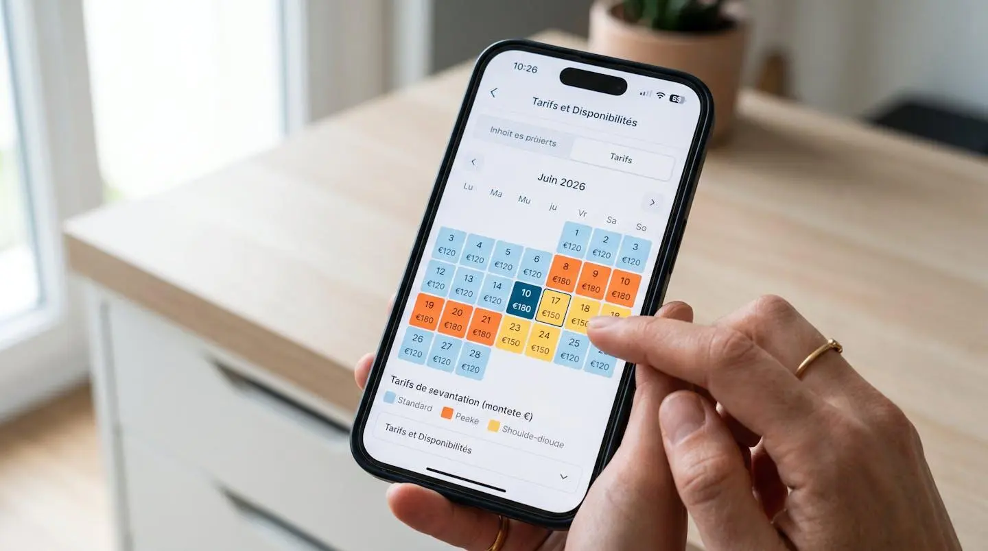 Gros plan sur un écran de smartphone affichant un calendrier de tarification avec variations de prix colorées, main visible ajustant les dates, interface d'application moderne