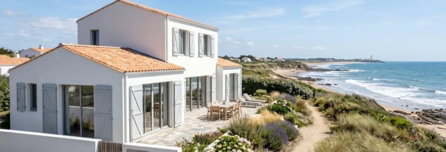 Une villa contemporaine aux volets clairs en bord de mer sur la côte atlantique vendéenne, façade ensoleillée, ciel bleu dégagé, architecture typique du littoral français