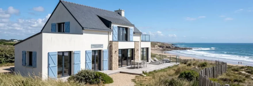 Une villa contemporaine aux volets clairs en bord de mer sur la côte atlantique vendéenne, façade ensoleillée, ciel bleu dégagé, architecture typique du littoral français