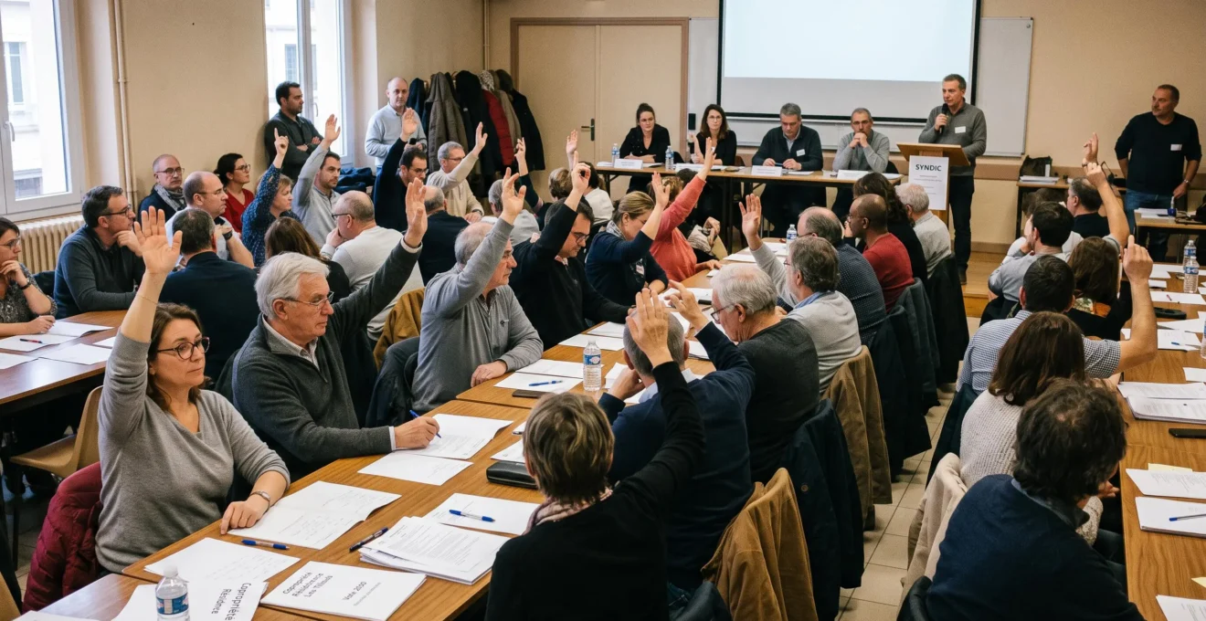 Assemblée générale de copropriétaires en train de voter lors d'une réunion collective