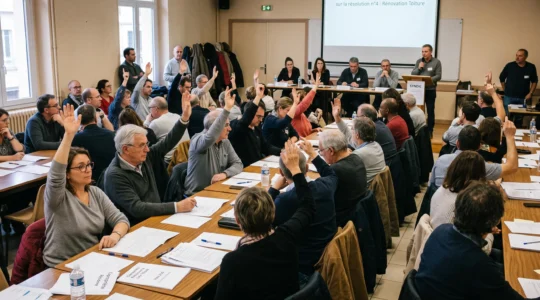 Assemblée générale de copropriétaires en train de voter lors d'une réunion collective