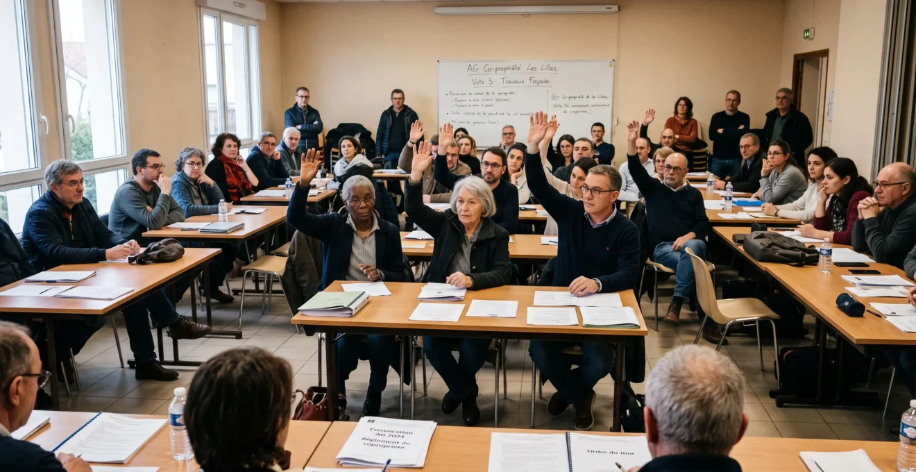 Assemblée générale de copropriétaires en train de voter lors d'une réunion collective