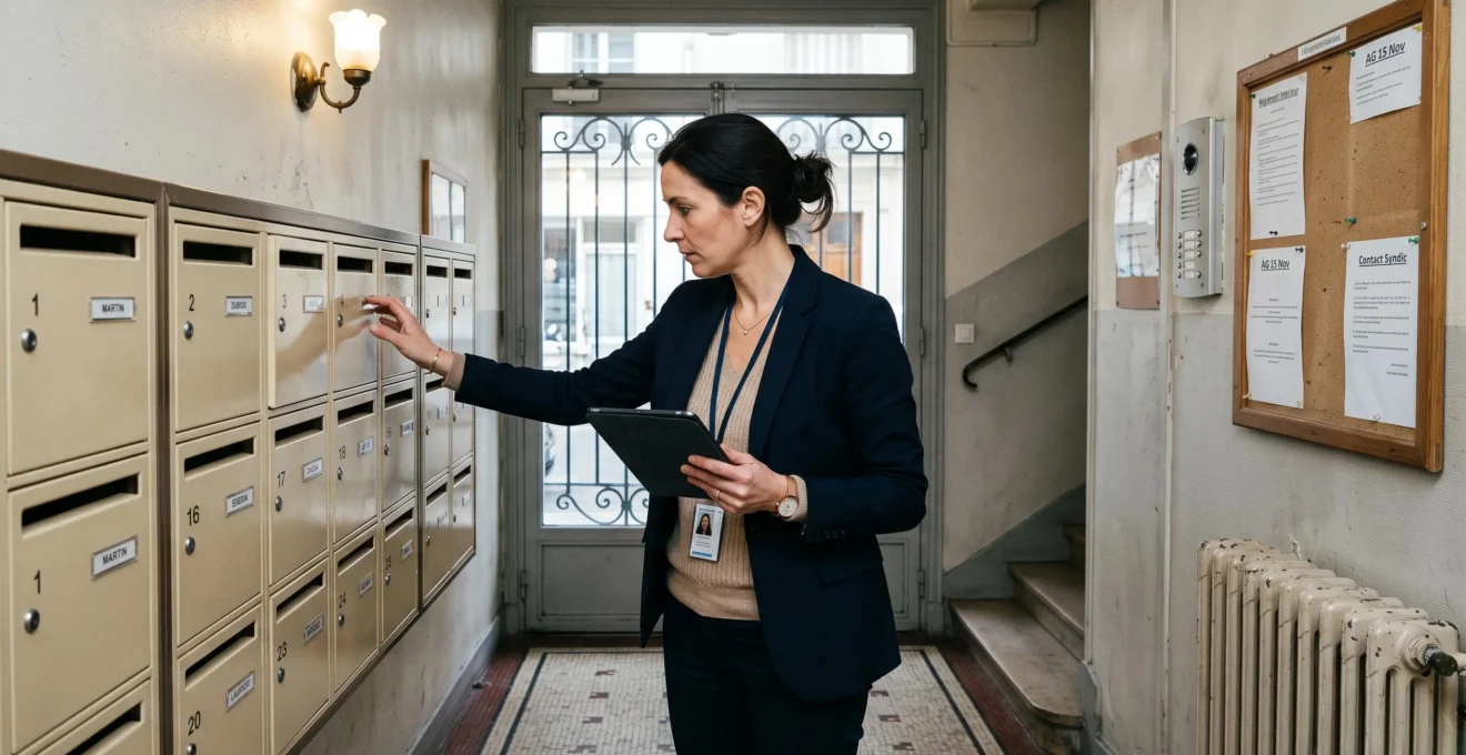 Gestionnaire immobilier inspectant les parties communes d'un immeuble résidentiel