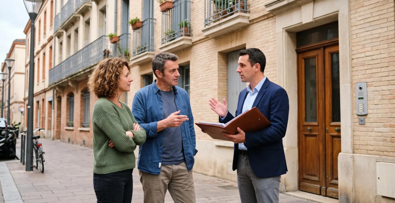Copropriétaires rencontrant un gestionnaire de syndic devant leur immeuble