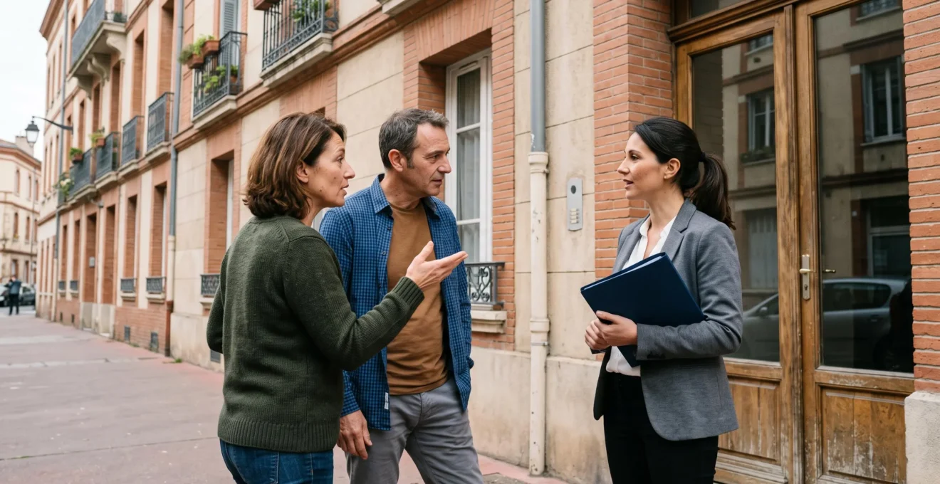 Copropriétaires rencontrant un gestionnaire de syndic devant leur immeuble